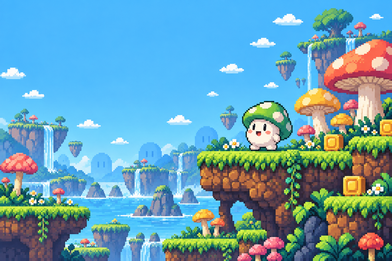 A tiny green-capped spore exploring a pixel world of floating islands, mushrooms and waterfalls.